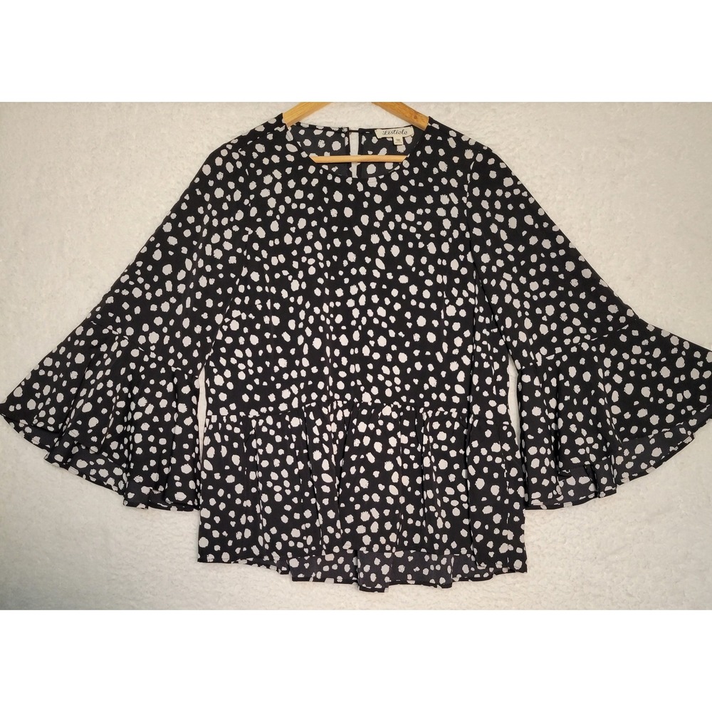 LISTICLE Blouse‎ Polka Dots 3/4 Sleeve Medium BOHO Ruffle Shirt Top 0268